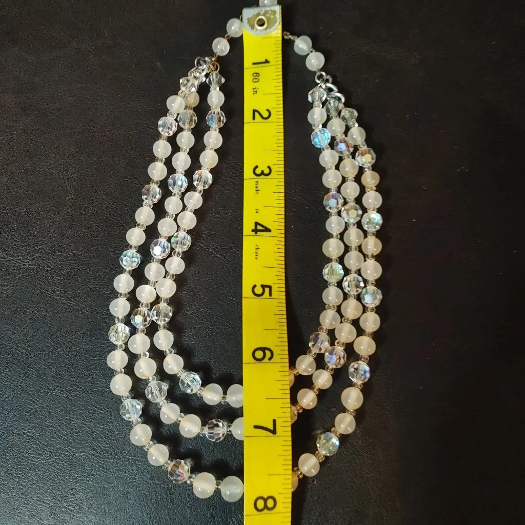 Multi Strand Necklace Aurora Borealis Vintage 3 Strand Crystal Glass Faux Pearl White Size 12 - Image 2