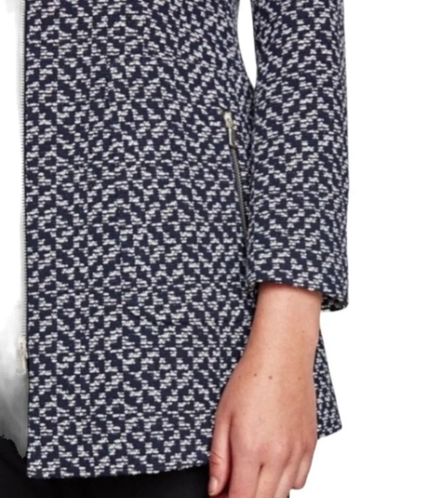 Zara Padded Shoulder Tweed Full Zip Coat in Navy Blue/White - Image 3