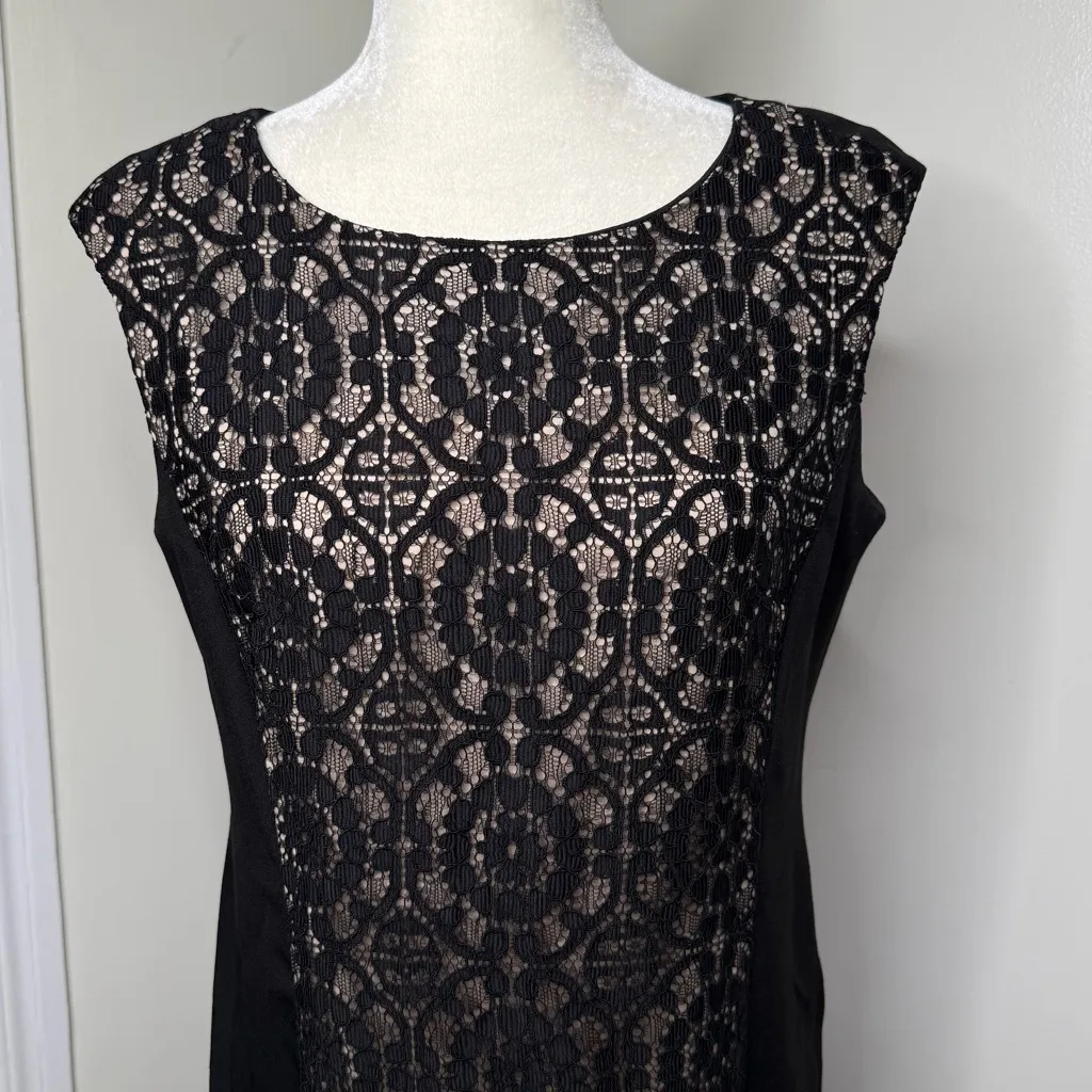 London Style Black Lace Panel Midi Sheath Dress Women’s Sz 12 Sleeveless Pencil - Image 3
