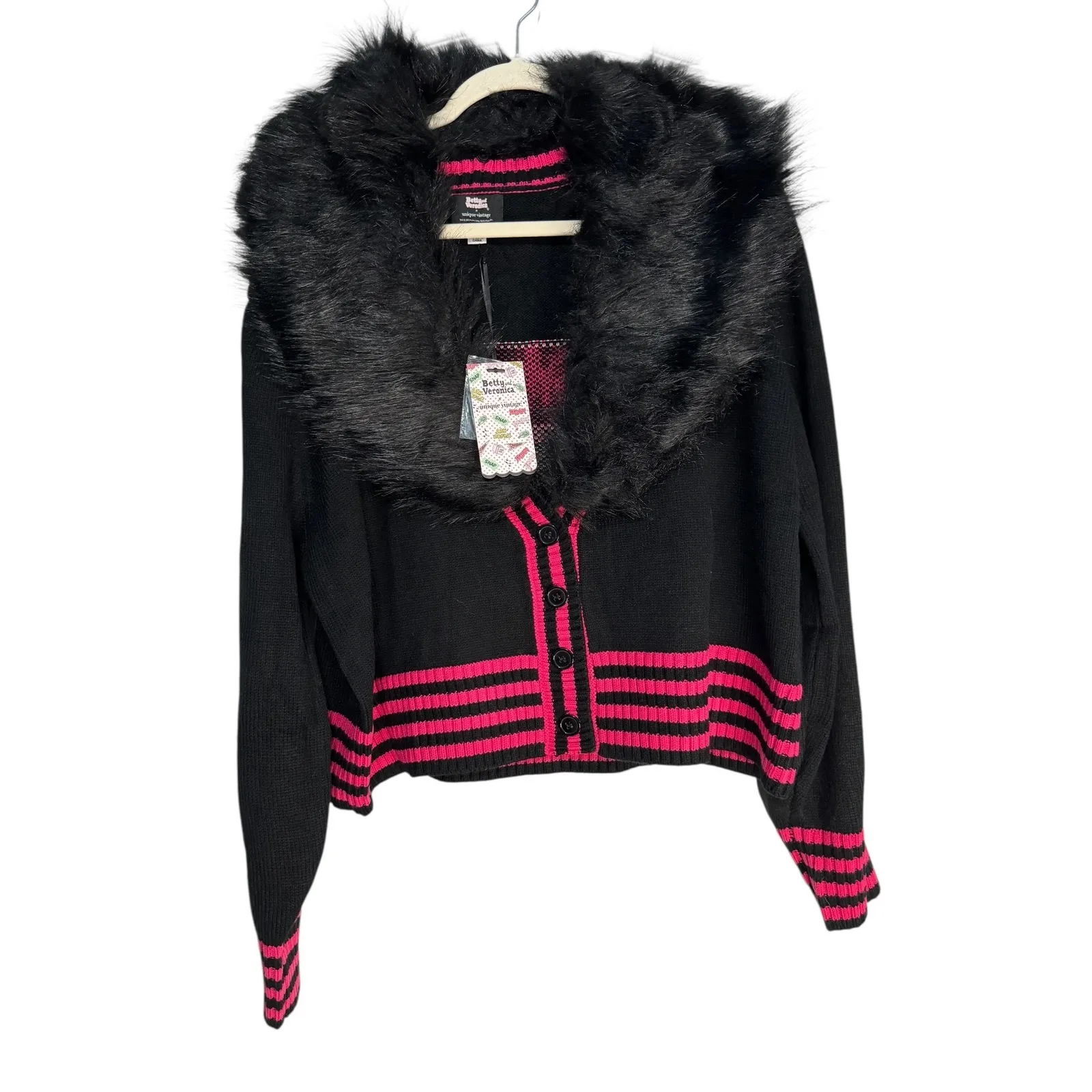 Betty and Veronica x Unique Vintage Black Pink Fuzzy Fur Cardigan Sweater 4X - Image 9
