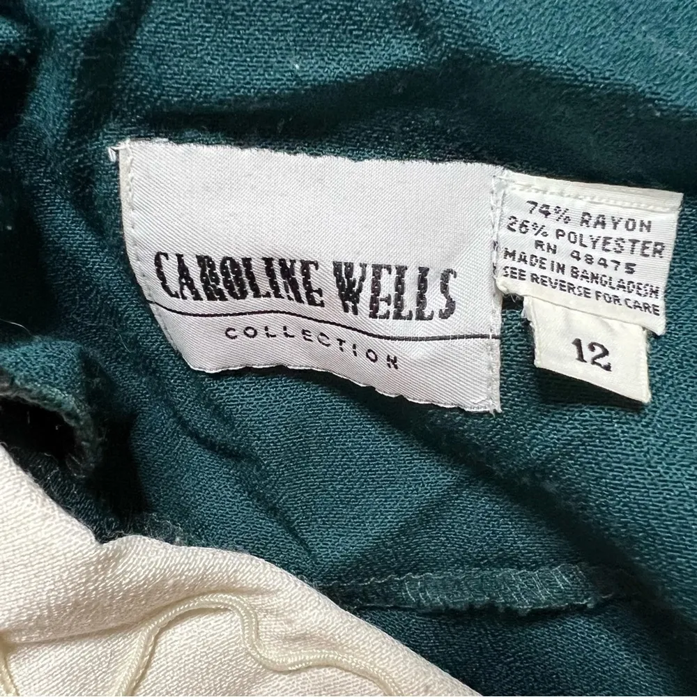 Vintage 80s/90s Caroline Wells Green Pearl Button Front Frill Collar Dress Sz 12 - Image 4