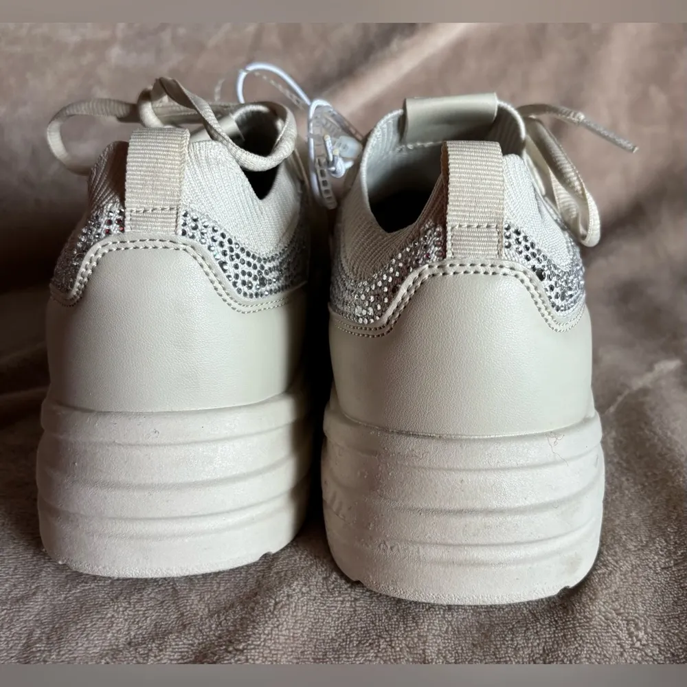 New Guess Cream and Silver Rhinestones Bling Chunky Sneakers Tennis women’s 10M - Image 5