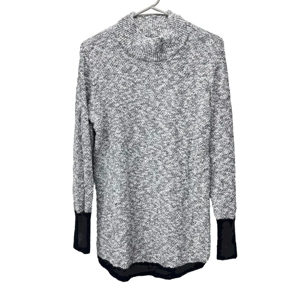 LL Bean Marled Gray‎ Black Mock Neck Linen Blend Ragg Pullover Sweater MEDIUM Gray - Image 3