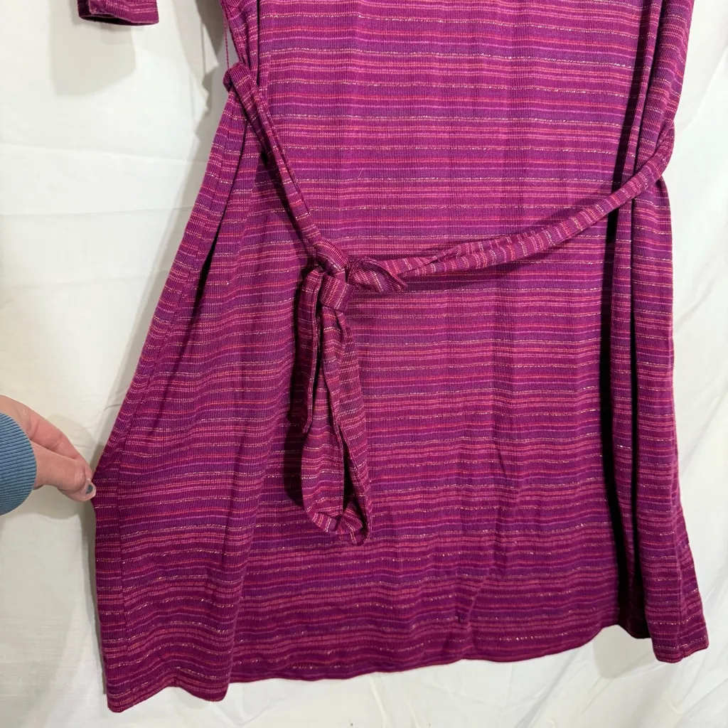 Sonoma Women's Magenta Striped Long Sleeve Dress Cowl Neck and Belted, Size Lg - Image 4