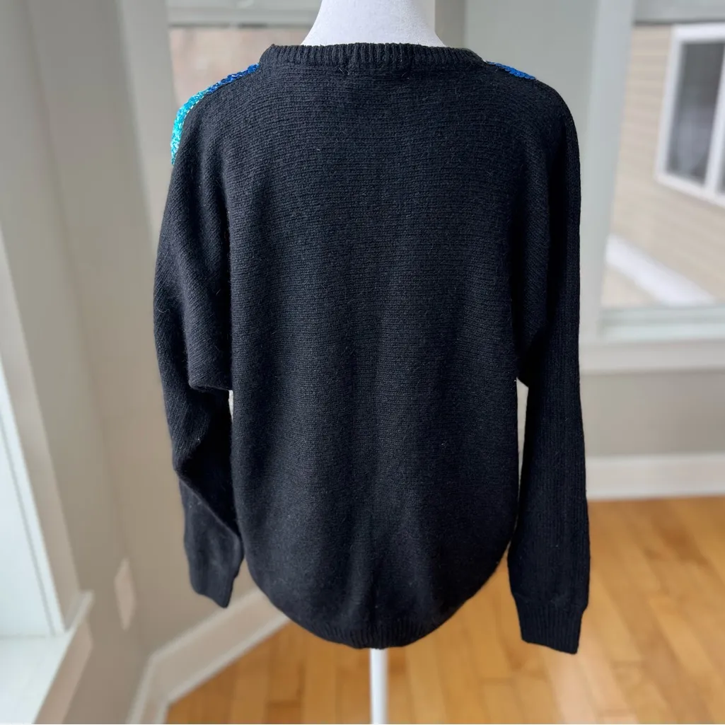 Vintage 80s Diana Marco Black Blue Green Sequin Silk Angora Sweater Size Large - Image 4