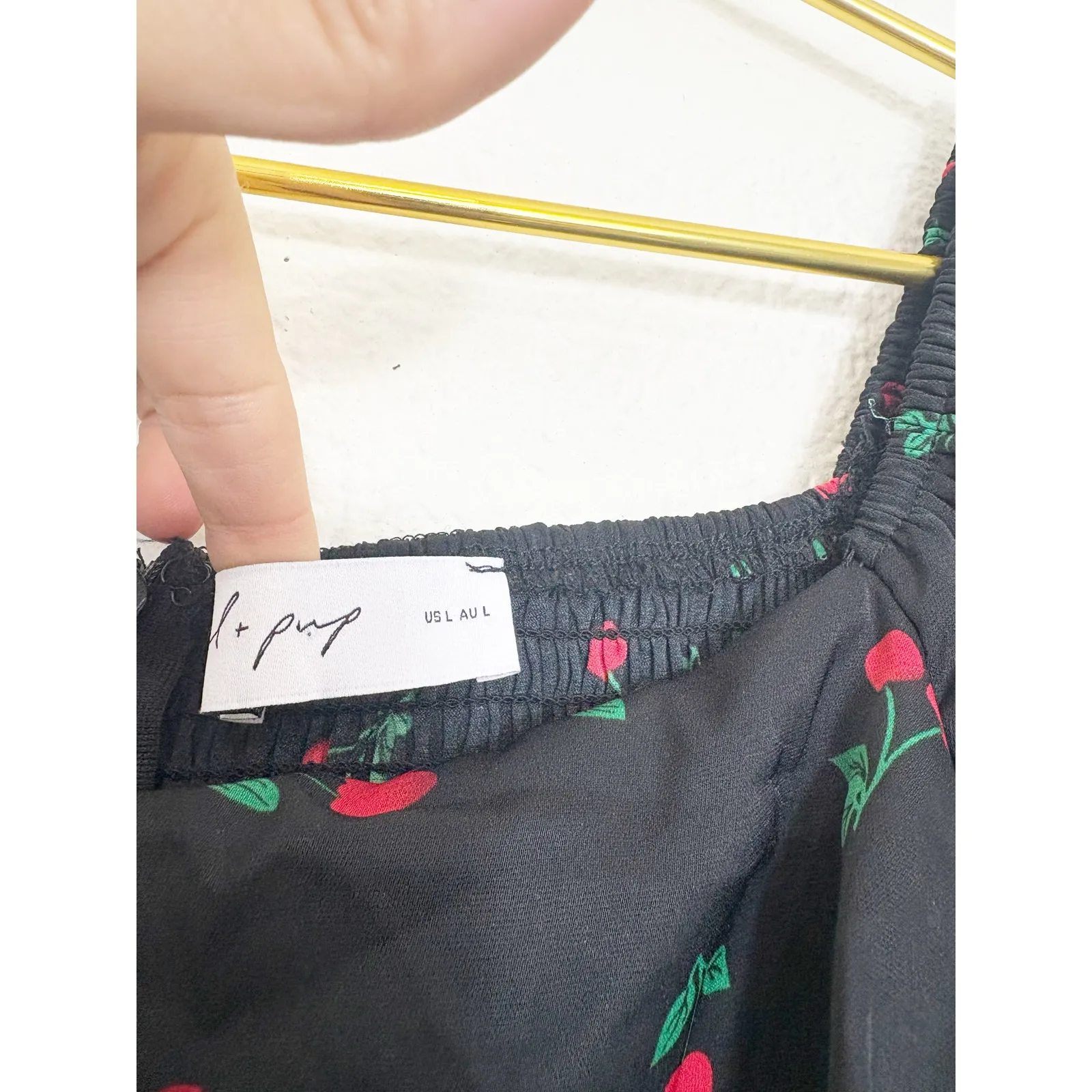 Petal & Pup Chlo Cherry Print Puff Sleeve Midi Dress Size Large Smocked Retro Black - Image 5