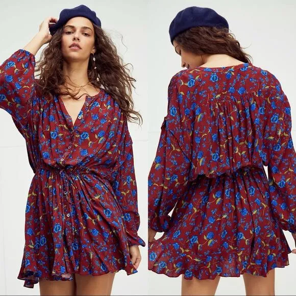 FREE PEOPLE Flower Fields Mini Dress Small Burgundy Blouson Boho Bohemian NWT - Image 2