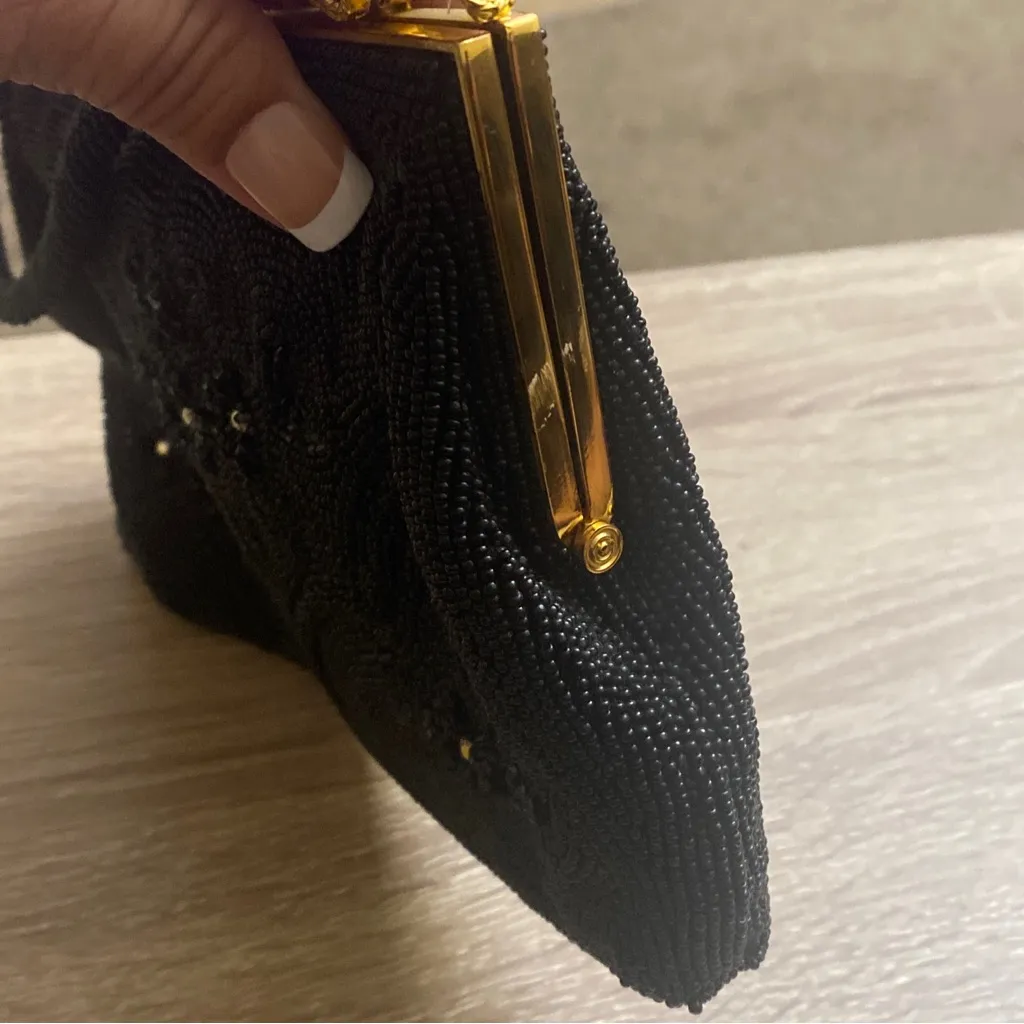 Vintage DeLill Black Beaded Evening Bag Gold Crown Clasp Luxury Elegant Glam - Image 11