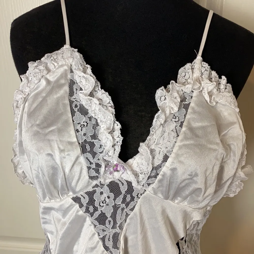 80s VINTAGE HIGH LOW LINGERIE SLIP DRESS CAMI White Size M - Image 5