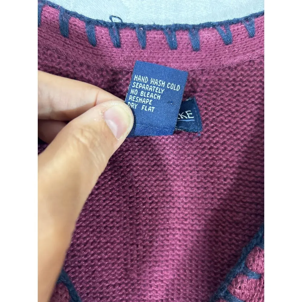 VTG Sweater Vest Large Burgundy Leaves Plaid Fall Blanket Stitch Mountain Lake Red - Image 7