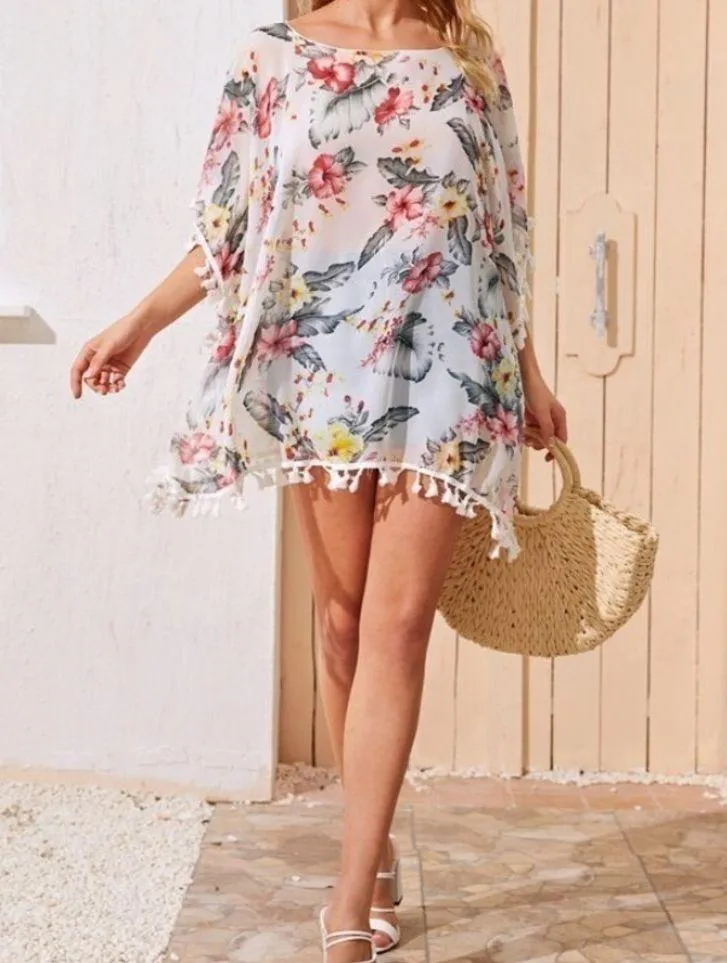 SHEIN sheer floral print tassel hem kimono XS - Image 5