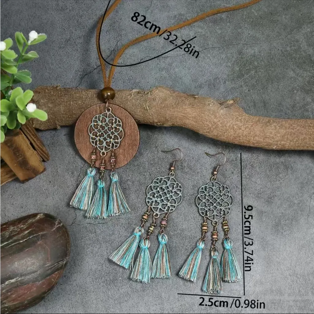 Boho Zinc‎ Alloy Wood Retro Design Tribal Necklace & Earrings Set Brown - Image 6