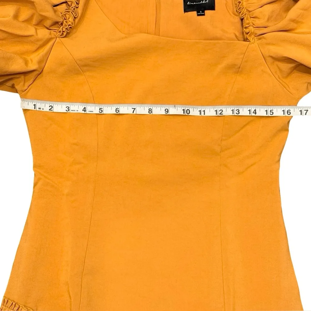 Marigold Line & Dot Ruffle Asymmetrical Puff Sleeve Yoko Mini Dress Size Small - Image 12