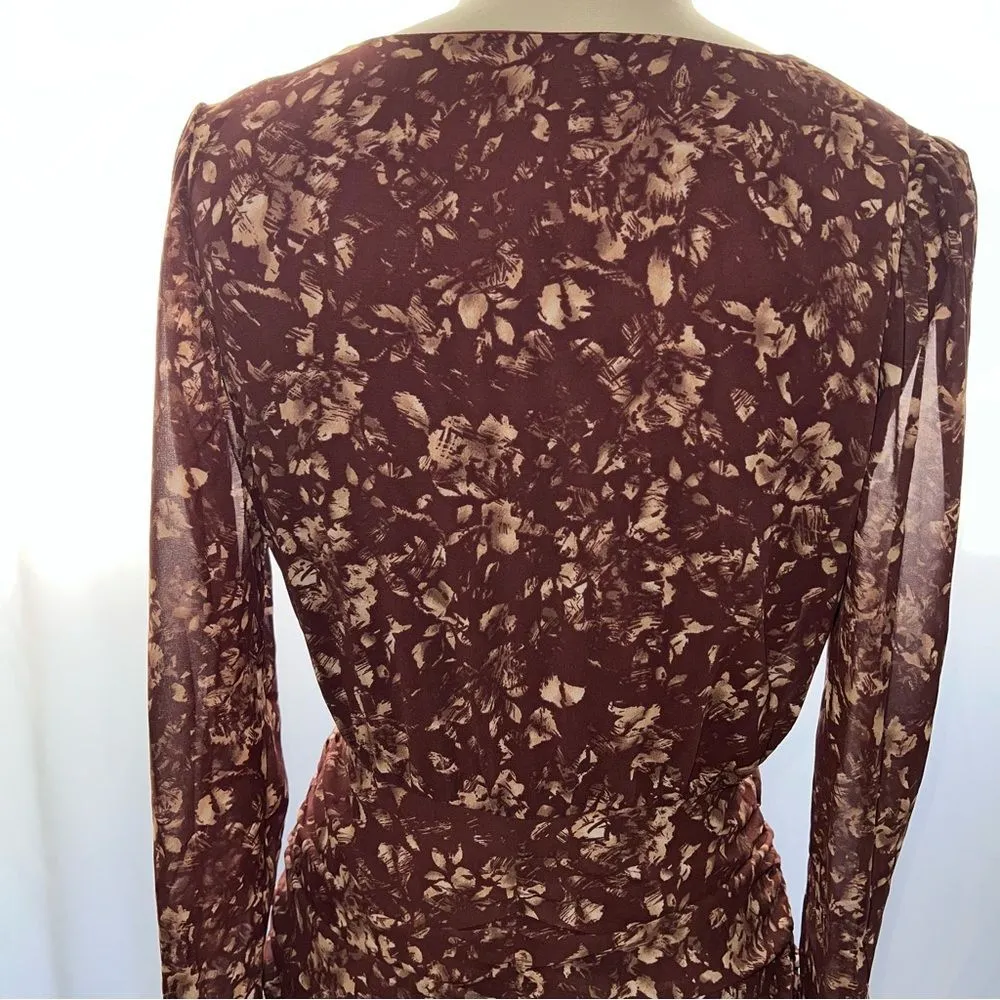 Save The Label Aura Beige/Brown Base Abstract Print Ruched Long Sleeve Dress-M - Image 8