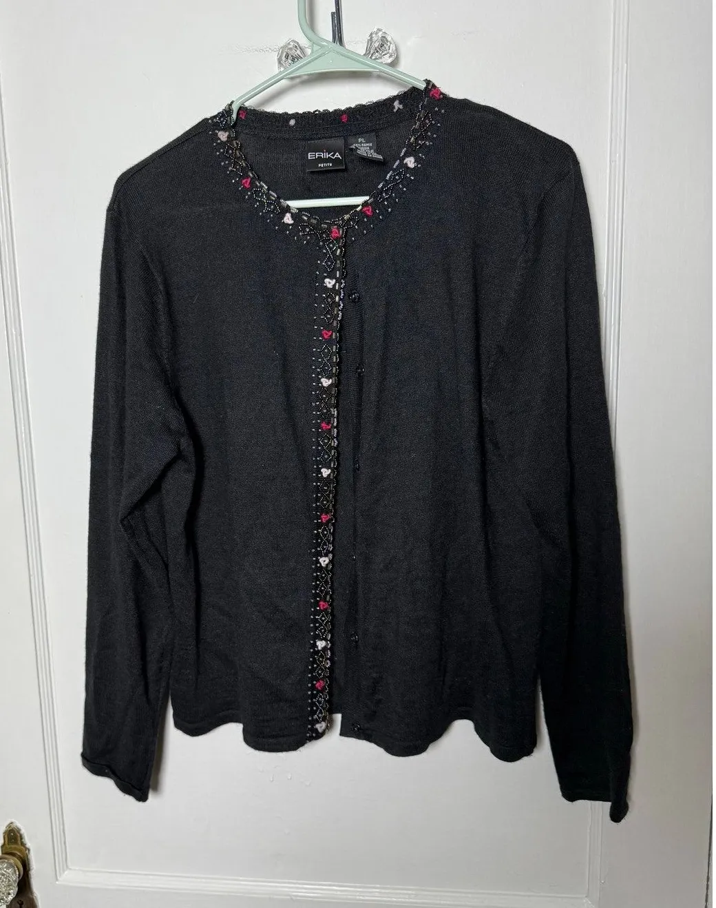 Vintage Erika Black Beaded Floral Coquette Girly Frilly Cardigan Sweater PL - Image 1