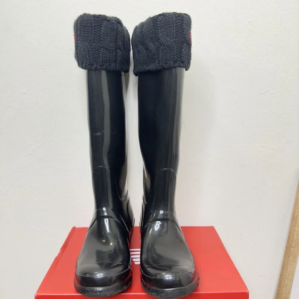 Hunter Original‎ Tall Boot Logo Women's Size 5 Black Gloss Waterproof With Socks - Image 2