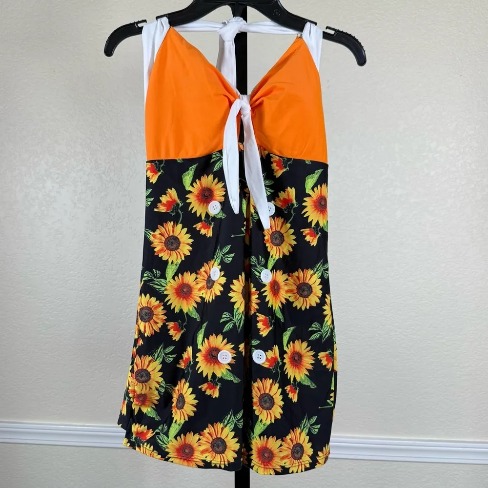 Retro Floral One Piece Swimsuit Halter Skirted Boyshort Pin Up Swimsuit XL Black Orange - Image 3