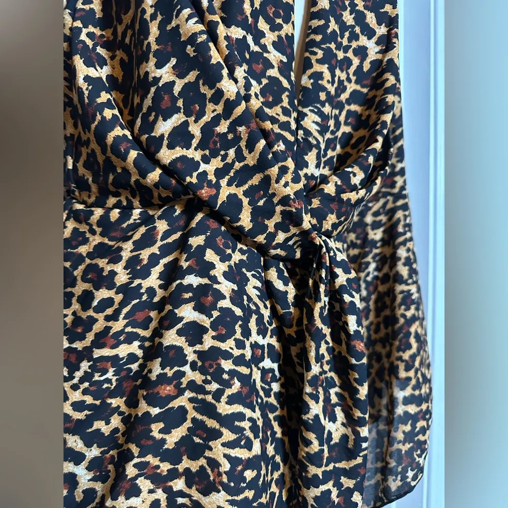 VICI Leopard Print Animal Print Deep V Mini Dress w Flare Sleeves Stretch Waist - Image 4