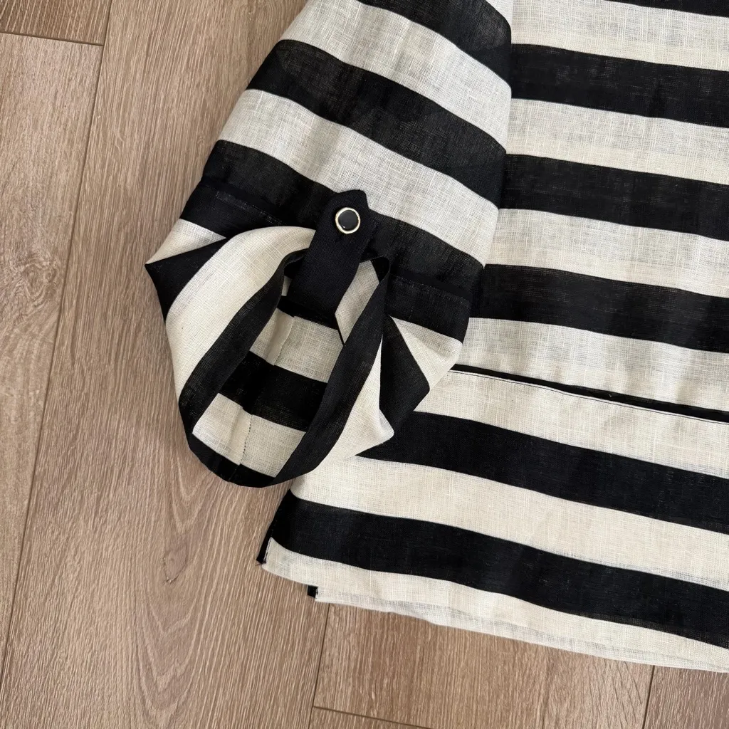 Zara 100% Linen Crispy Striped Top Blouse Women M Roll Tab Kimono Sleeves NWOT - Image 7