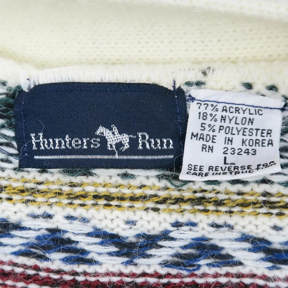 Vintage 80s Rainbow Fair Isle Cardigan Sweater Green Size L - Image 6