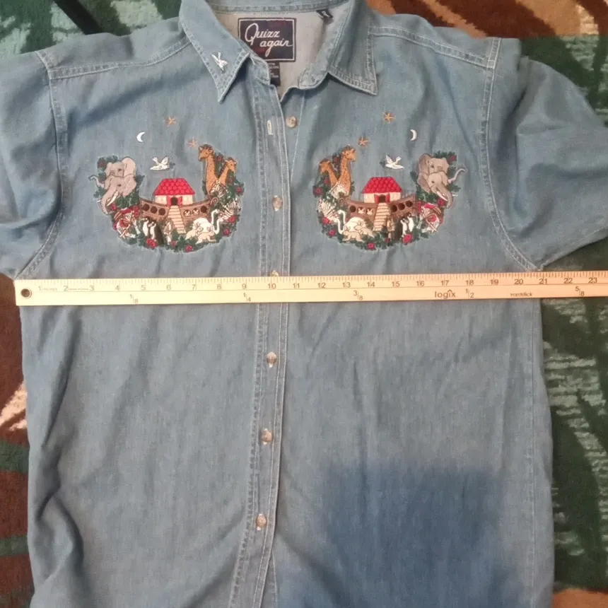 Vintage Noahs Arch Embroidered Button Up Long Sleeve Womens Size Medium Blue - Image 6