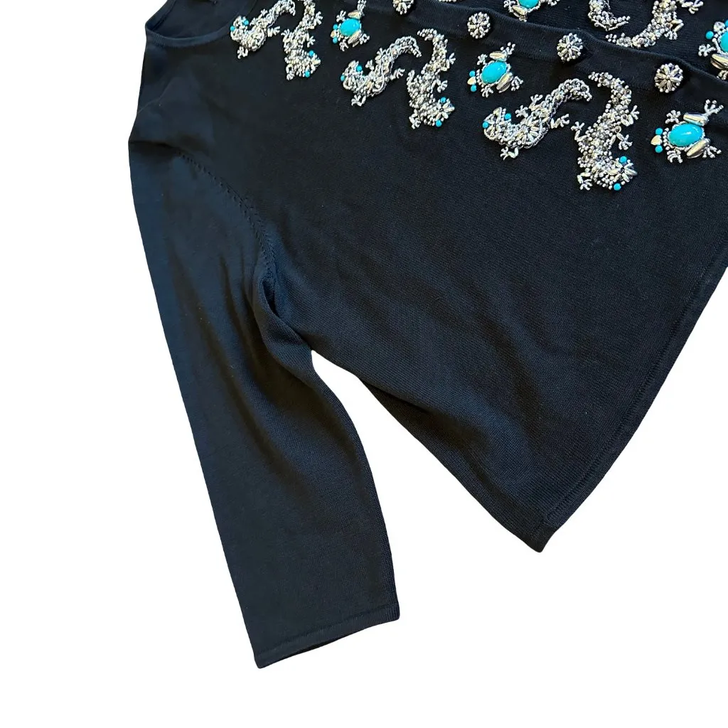 Michael Simon Vintage Retro Cardigan Sweater Turquoise Beaded Gecko Frog Large Black - Image 9