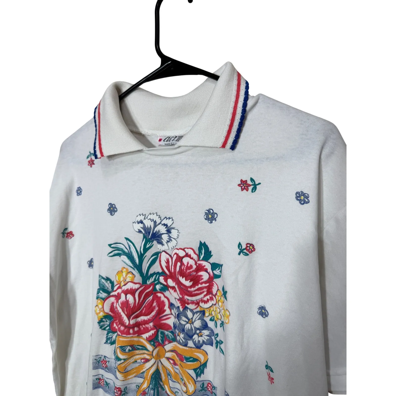 act III Womens White Floral Bow Short Sleeve Collared Sweatshirt Top Made in USA Size L - Image 2