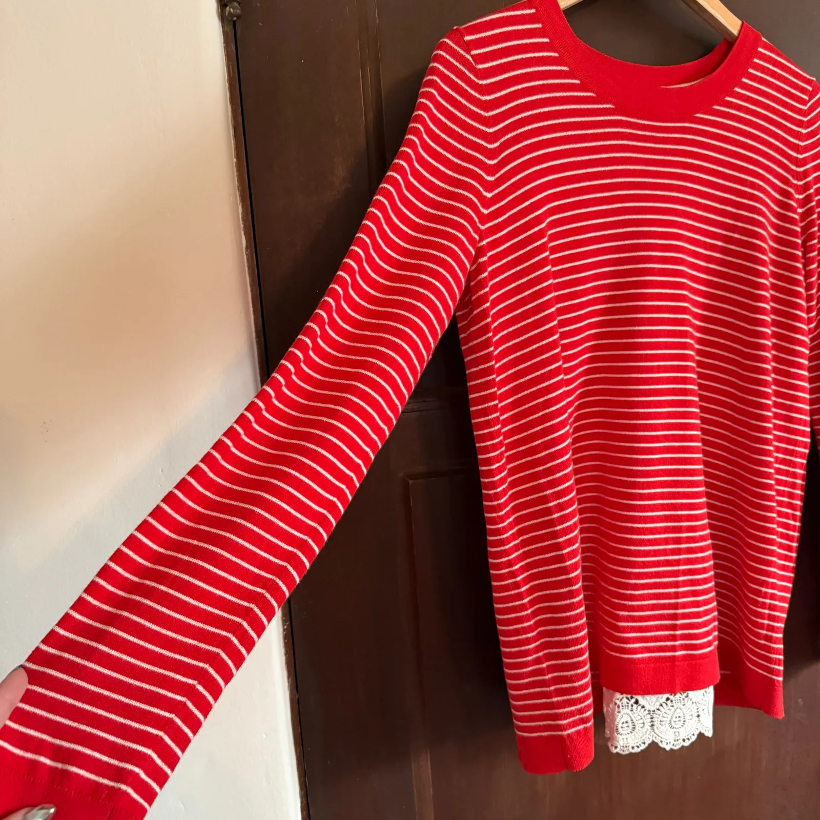 BODEN | Red Cotton Striped Crew Neck Sweater with White Lace Inset | Medium - Image 3