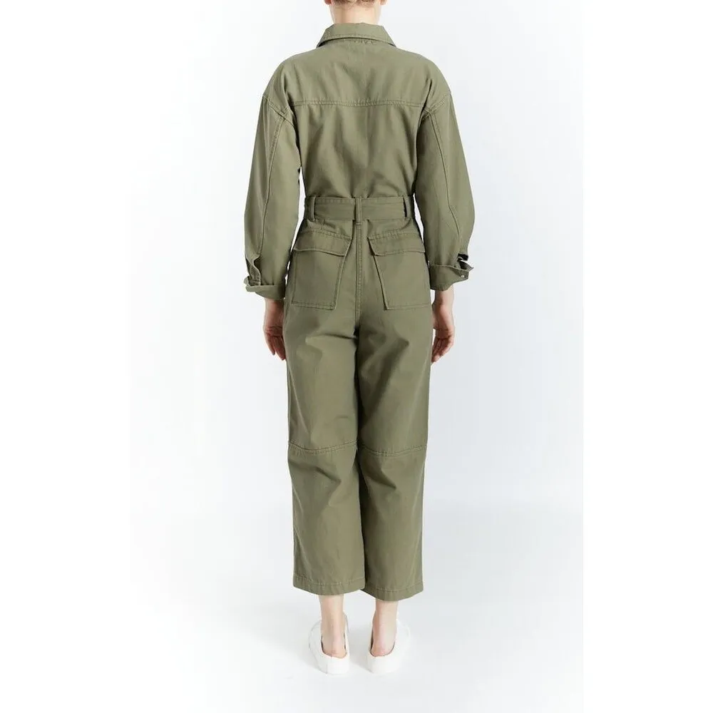 Oat New York 100% Cotton Twill Self Tie Belt Cargo Pockets Utility Jumpsuit L Green Size L - Image 2