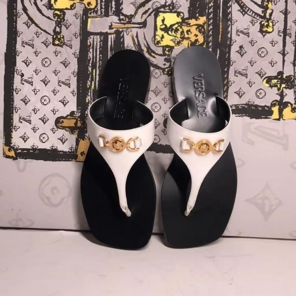 New Authentic VERSACE Medusa ’95 Flat Leather Sandals – White - Image 8