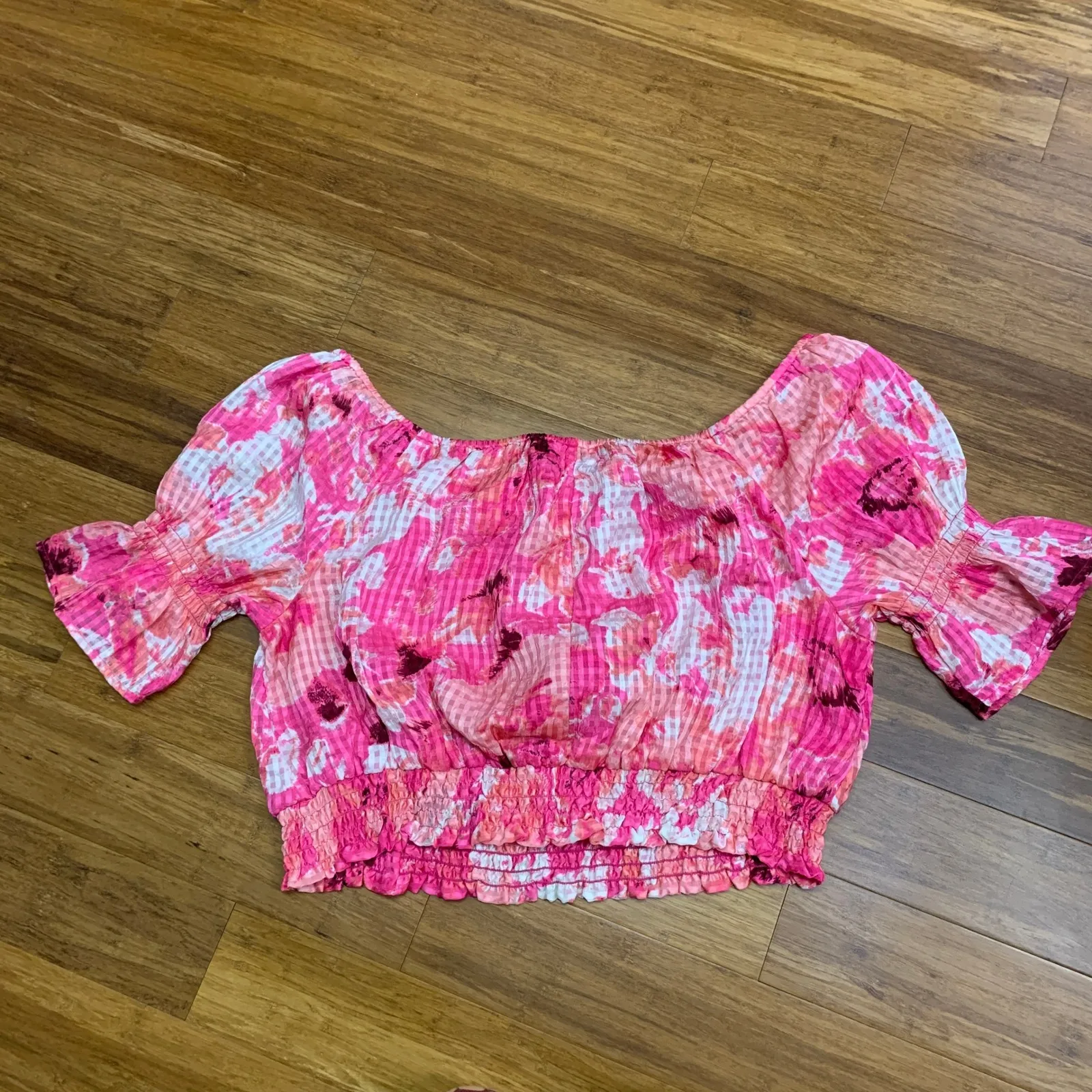 Lane Bryant Floral Crop Top Womens Size 14/16‎ Off Shoulder Ruffle Sleeve Pink - Image 3