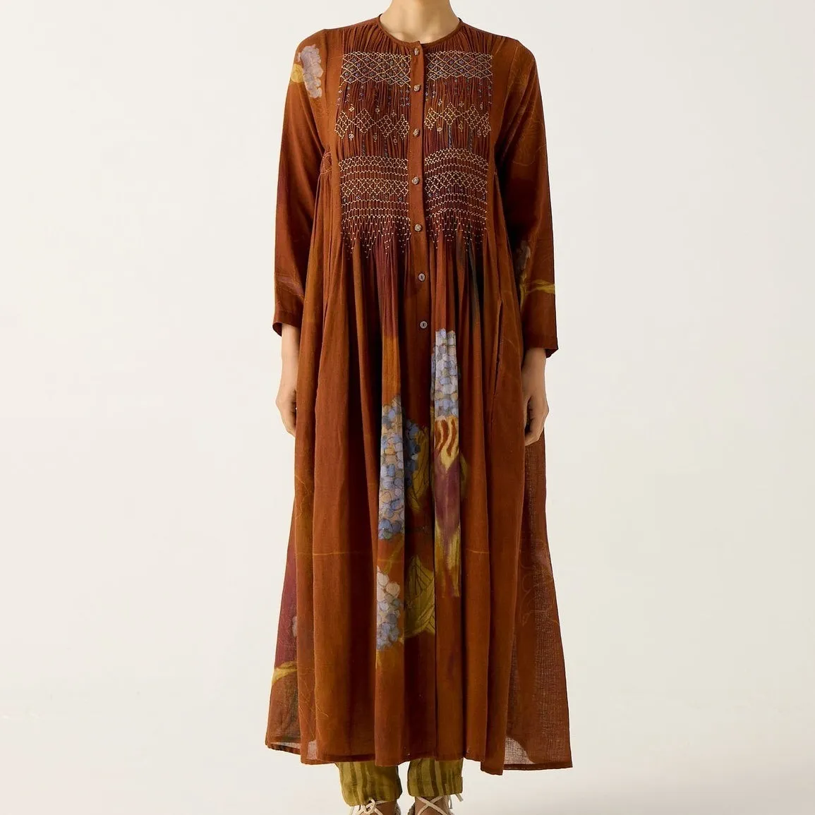 Boho Cottage Cotton Rust Floral Earthy Prairie Artsy Folk Peasant Maxi Dress XXL Orange - Image 15