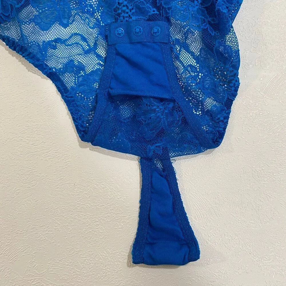 Victoria’s Secret Blue Lace Rhinestone Strap Bodysuit XL Sexy Sheer One Piece Li - Image 6