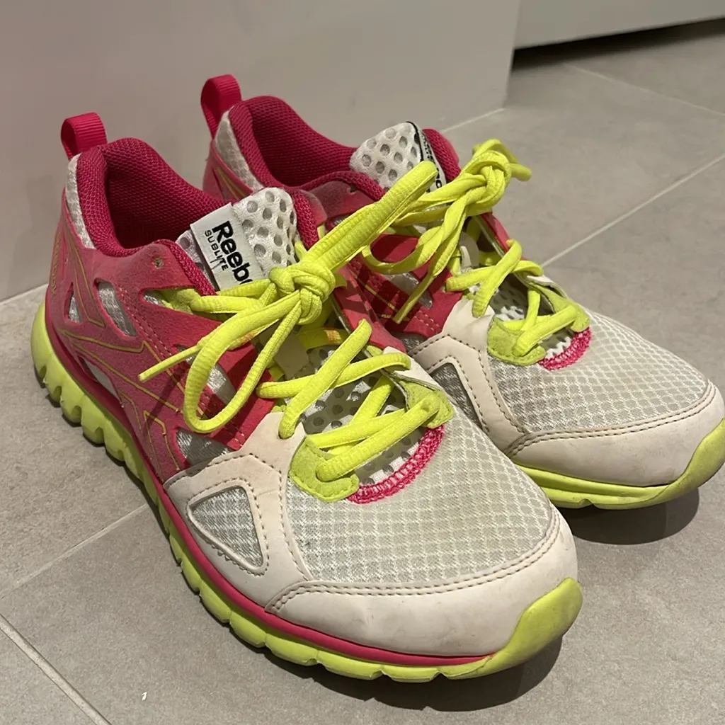 Reebok Sublite women pink neon yellow white size 6 sneakers shoes gym fitness - Image 2