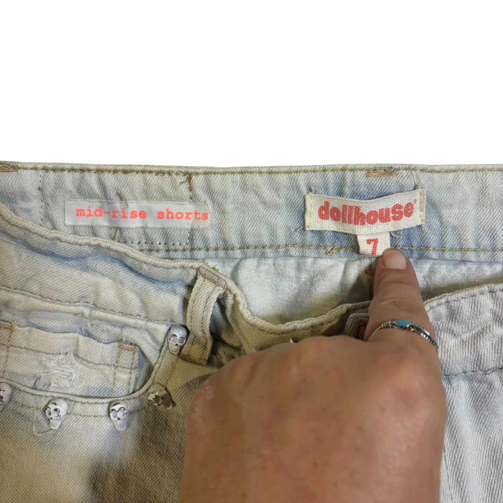 Dollhouse Womens Denim Shorts Size 7 Skull Fringe Distressed Mid-Rise - Image 3