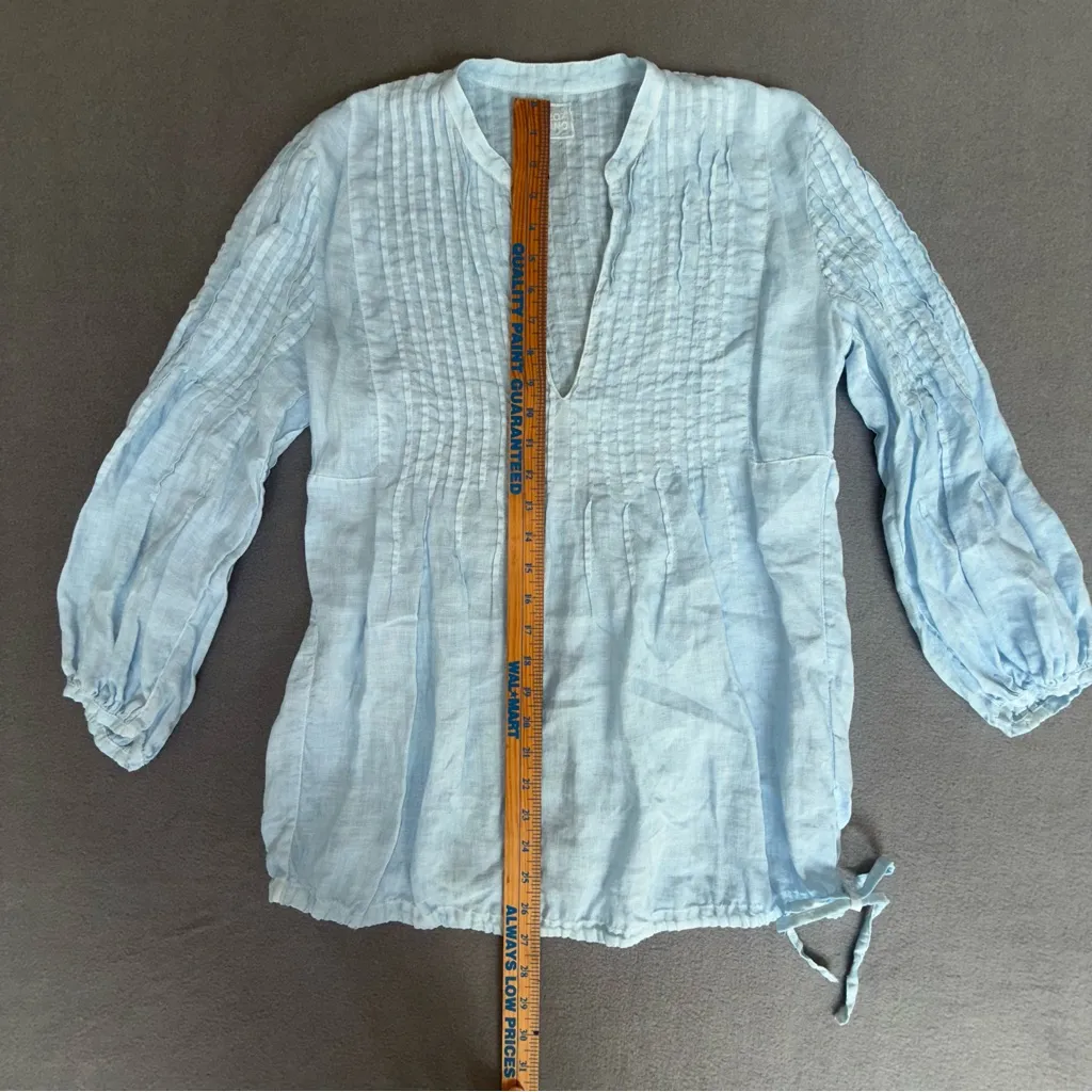 120% Lino Sky Blue‎ Women's Mandarin collar Drawstring Bottom Shirt size large Blue - Image 5