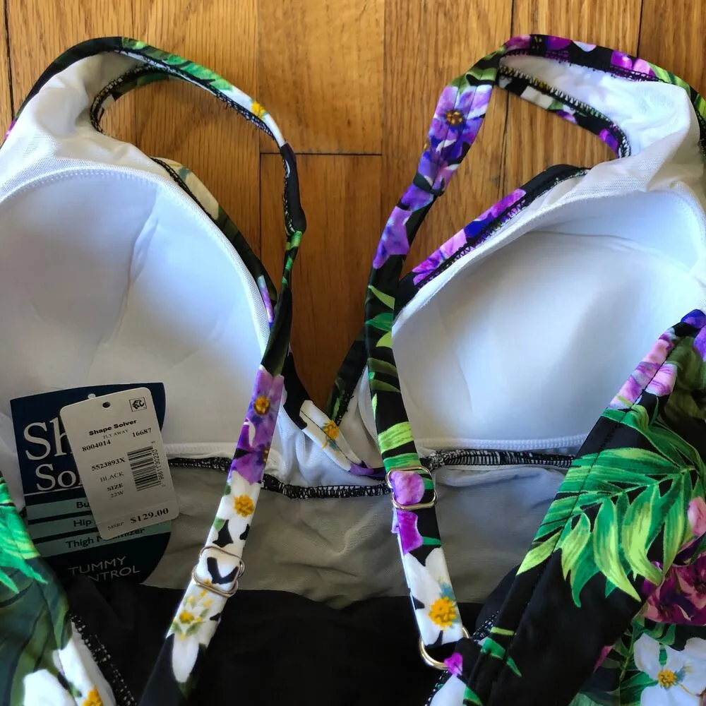 Shapesolver NWT Women's Fly Away Black Purple Floral Bathing Suit Size 22W - Image 9