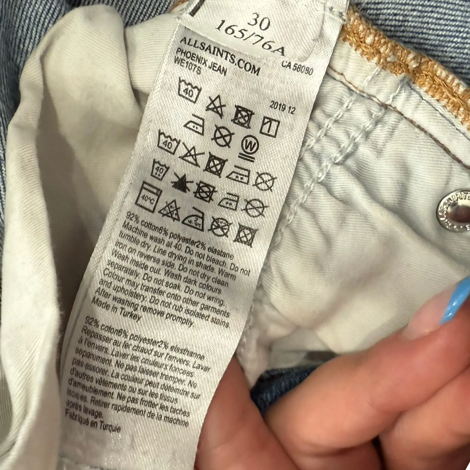 AllSaints Blue Phoenix Distressed Raw Hem Light Wash Skinny Ankle Jeans size 30 - Image 3