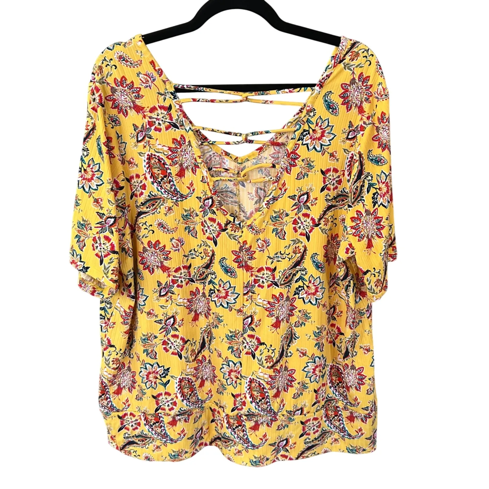  ✅3-for-$12✅ Floral Paisley‎ Print Criss Cross Back Casual Yellow Mini Size Plus - Image 4