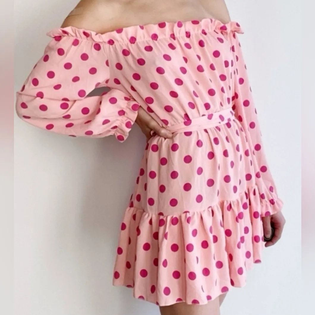 PRETTYLITTLE THINGS Dusty Pink Polka Dot Bardot Tie Waist Shift Dress SIZE 8 - Image 3