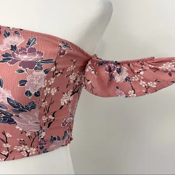 New  Floral Flutter Sleeve Off The Shoulder Smocked Crop Top Pink - Image 5