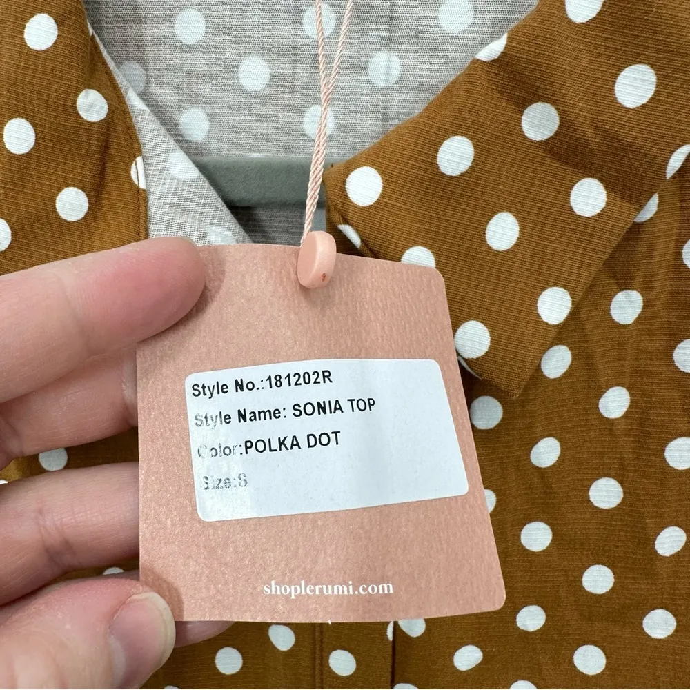 Revolve Le Rumi Carmel Brown White Polka Dot Tie Front Button Down Crop Blouse S - Image 4