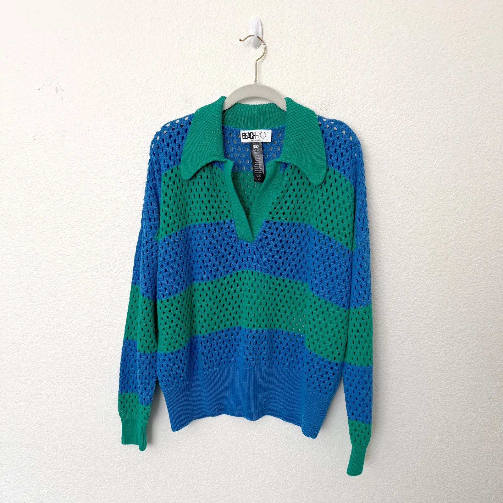 [Beach Riot] Green Blue Rugby Striped Wynn Open Knit Long Sleeve Sweater Large - Image 3