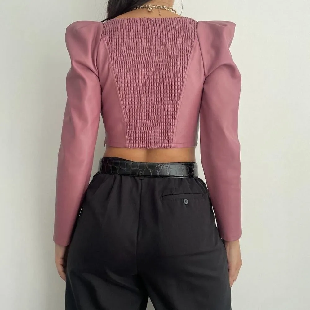 Zara Faux leather puff sleeve crop top marsala pink - Image 8