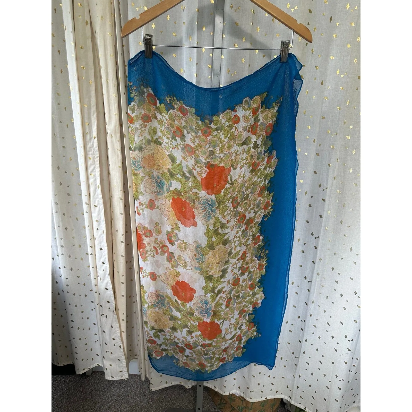 Vintage Chiffon Silk Like Asian Inspired Floral Scarf Head Wrap One Size - Image 2