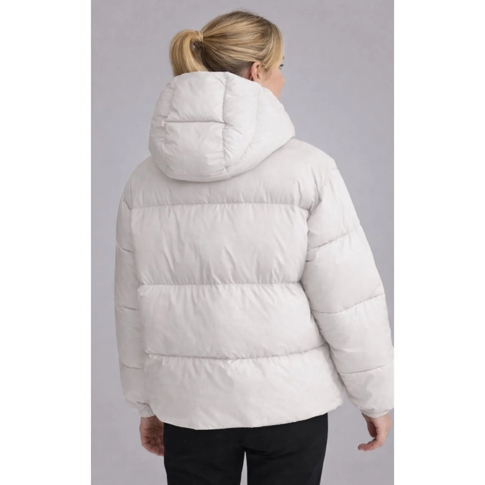NVLT Womens XL TG Puffer Jacket Winter Warm Quilted Hooded Ivory White Gray - Image 2