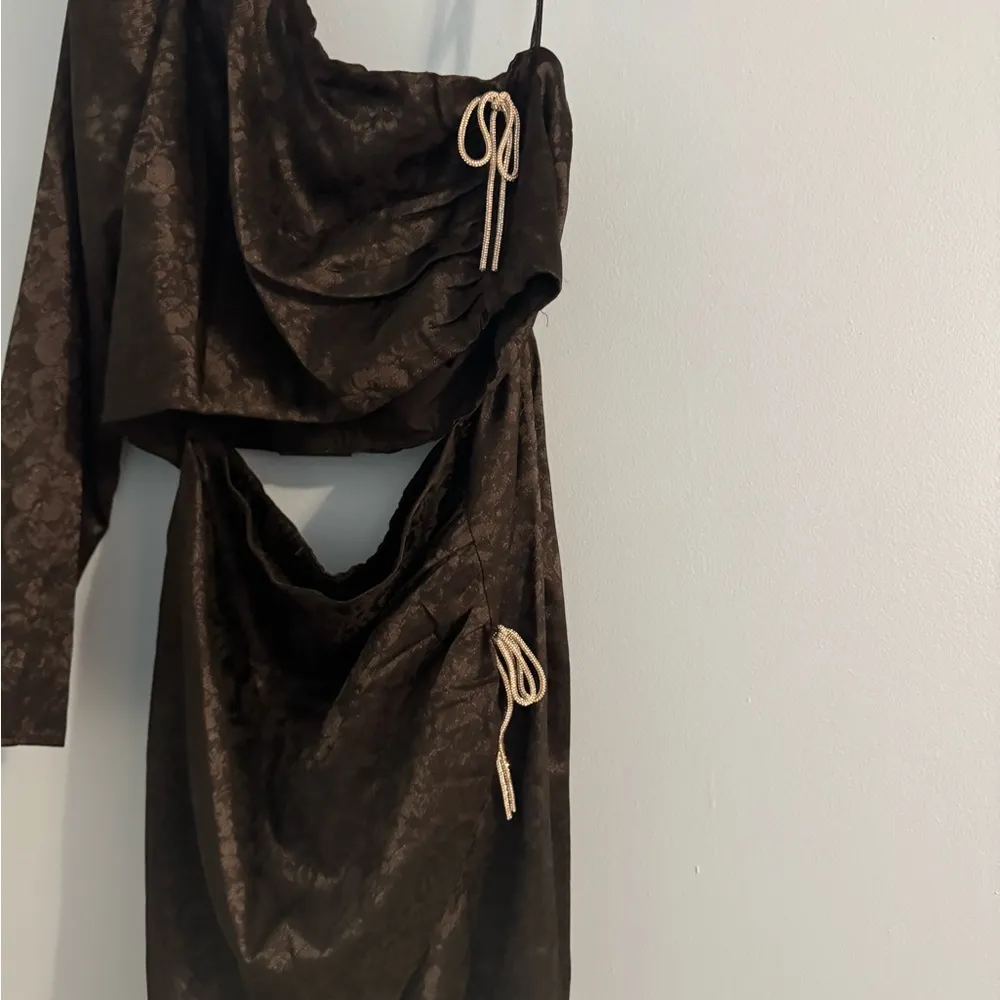 NWT Wayf Ella Floral Flower Jacquard Crystal Jewel Bow Tie Cut Out Midi Dress XL - Image 3