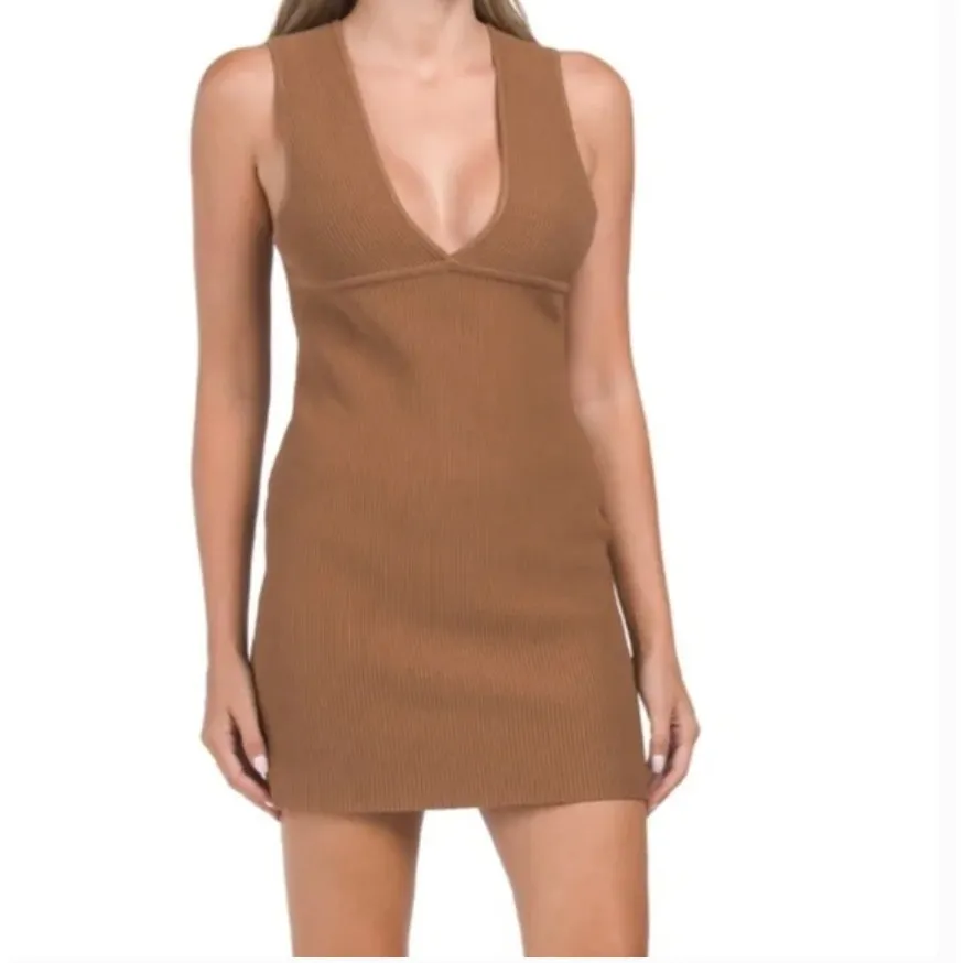 House of Harlow 1960 Sleeveless Brown Plunge V Neck Rib Knit Bodycon Dress XS - Image 2