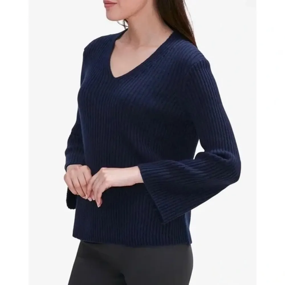MM Lafleur • The Min Cashmere Merino Wool Rib V Neck Sweater navy bell sleeve - Image 3