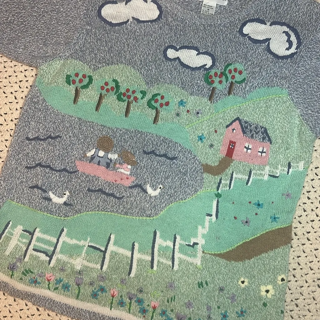 Vintage Knit Stitch Short Sleeve Sweater Picnic Novelty Floral Geese Shirt Blue Size M - Image 2